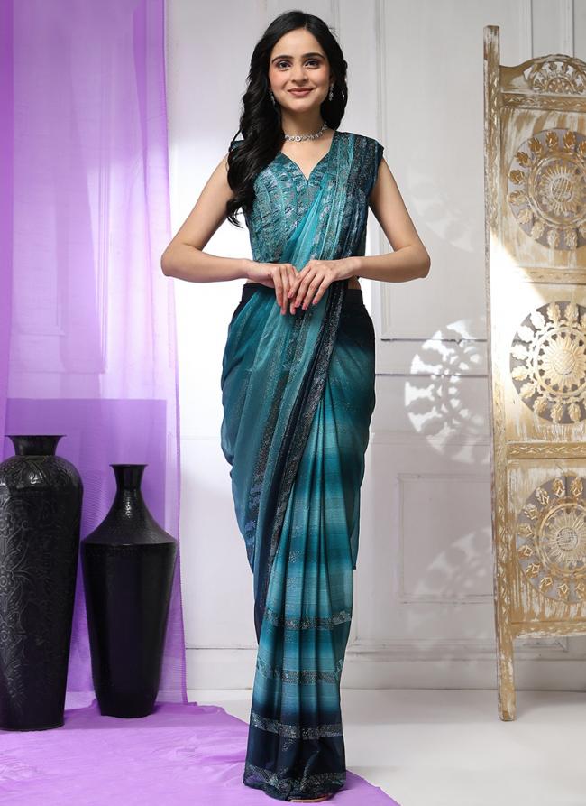 Sattin Silk Sky Blue Party Wear Stone Work Ready To Wear Saree